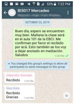 Captura de pantalla de aviso enviado a través de un grupo de WhatsApp