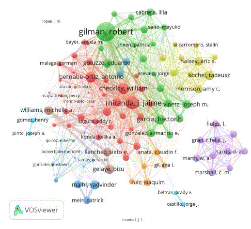 Visualización de una red de acoplamiento bibliográfico de autores que publicaron en documentos con al menos una afiliación peruana