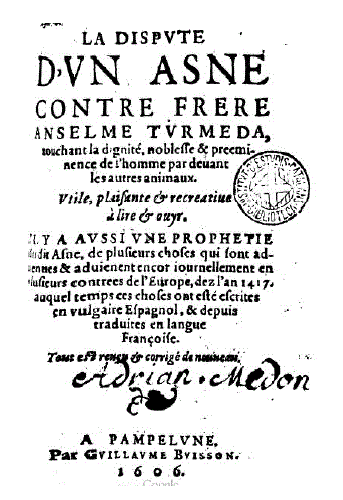 Portada La dispute d’un asne contre frere Anselme Turmeda (Biblioteca de Catalunya, 11-V-26)