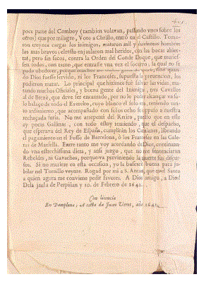 Colofón Relación verdadera dela grande batalla que huvo entre franceses y españoles, sobre el socorro de Perpiñan, a los 29 de enero de 1642 (Biblioteca Pública de Évora, Res. 440).