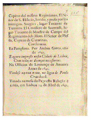 Colofón Relación verdadera dela grande batalla que huvo entre franceses y españoles, sobre el socorro de Perpiñan, a los 29 de enero de 1642 (Biblioteca Pública de Évora, Res. 453).
