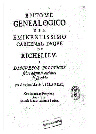 Portada Epitome genealógico del Eminentissimo Cardenal Duque de Richelieu (Biblioteca Nacional de España, R/13159)