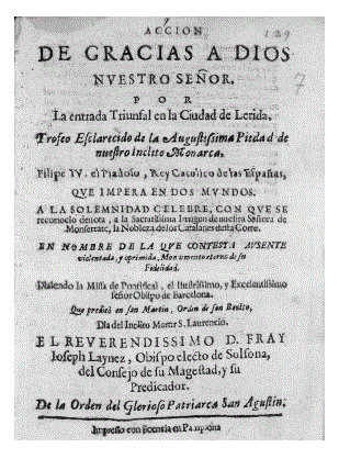 Portada Acción de gracias a Dios nuestro señor, por la entrada triunfal en la ciudad de Lerida…(Universidad de Granada, A-031-203.8)