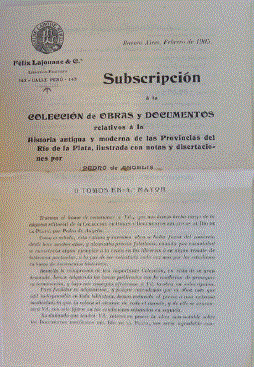 Volante de suscripción inserto en el Catálogo de las Obras Editadas por Félix Lajouane & Ca Libreros-editores, No. 76, enero de 1905. Buenos Aires: Lajouane, 1905